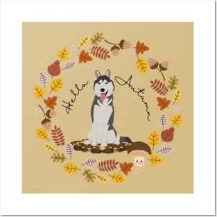 Husky in Autumnal Leaf Circle with Hello Autumn Sign Posters and Art